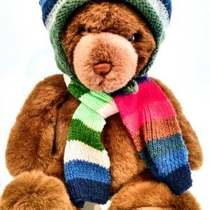 Vintage Gund TEDDY BEAR 19" Plush Stuffed Animal with hand Knit Hat & Scarf